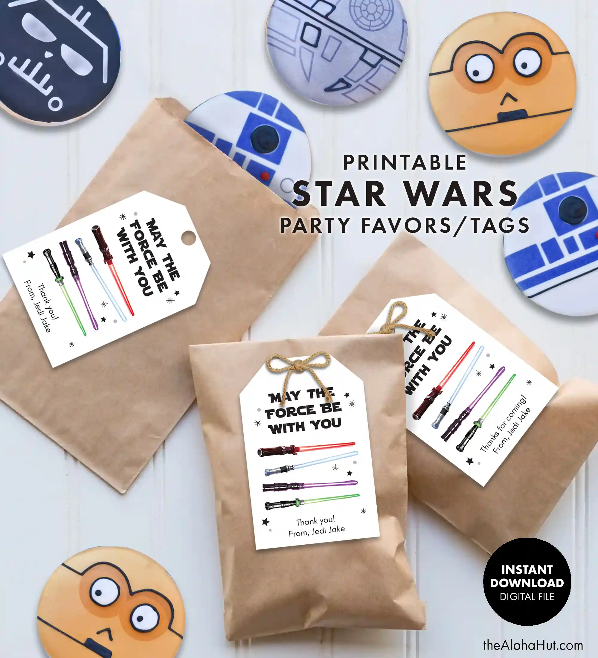Star Wars party ideas, activities, birthday party games, decorations, and prints. Ideas and tips and tricks for throwing the best Star Wars themed kids birthday party, baby shower, or one with the force celebration. Includes Star Wars printable games, decorations (cupcake toppers, banners, gift tags, characters) and Star Wars party games (BINGO, scavenger hunt, pin the lightsaber on Yoda or Darth Vader). May the Force be with you gift tags.