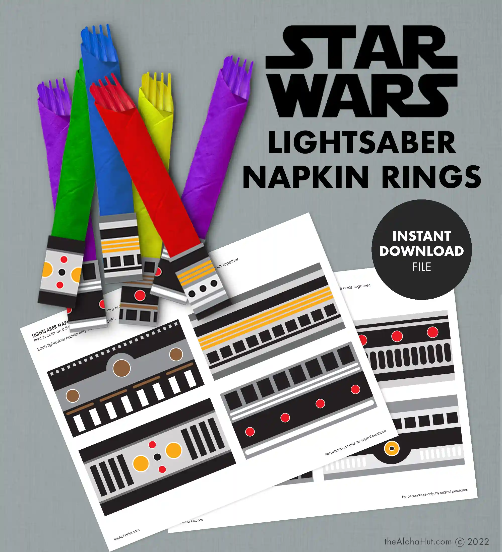 Star Wars party ideas, activities, birthday party games, decorations, and prints. Ideas and tips and tricks for throwing the best Star Wars themed kids birthday party, baby shower, or one with the force celebration. Includes Star Wars printable games, decorations (cupcake toppers, banners, gift tags, characters) and Star Wars party games (BINGO, scavenger hunt, pin the lightsaber on Yoda or Darth Vader). Napkin lightsaber rings.