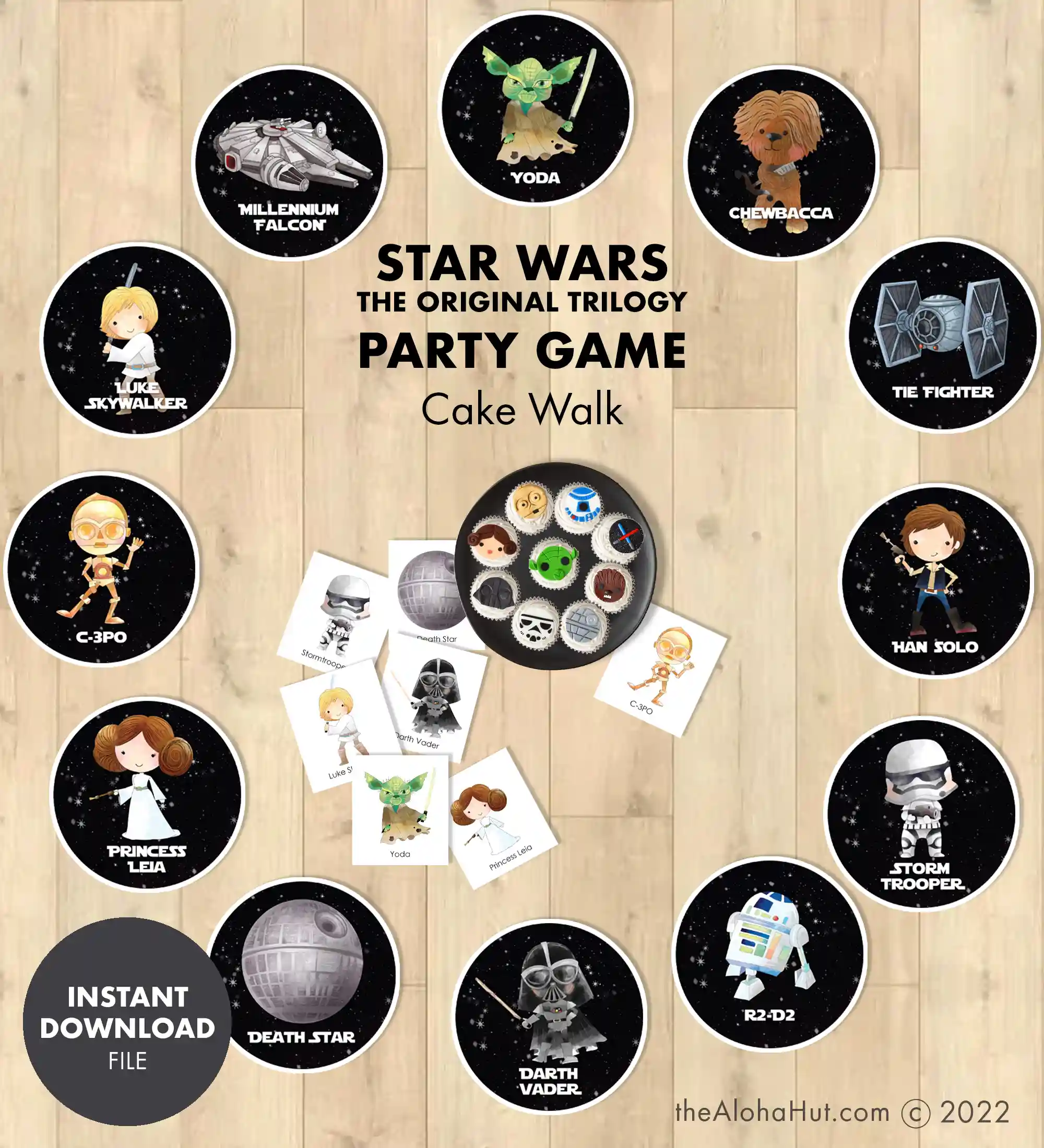 Star Wars party ideas, activities, birthday party games, decorations, and prints. Ideas and tips and tricks for throwing the best Star Wars themed kids birthday party, baby shower, or one with the force celebration. Includes Star Wars printable games, decorations (cupcake toppers, banners, gift tags, characters) and Star Wars party games (BINGO, scavenger hunt, pin the lightsaber on Yoda or Darth Vader). Cupcake walk or cake walk game.