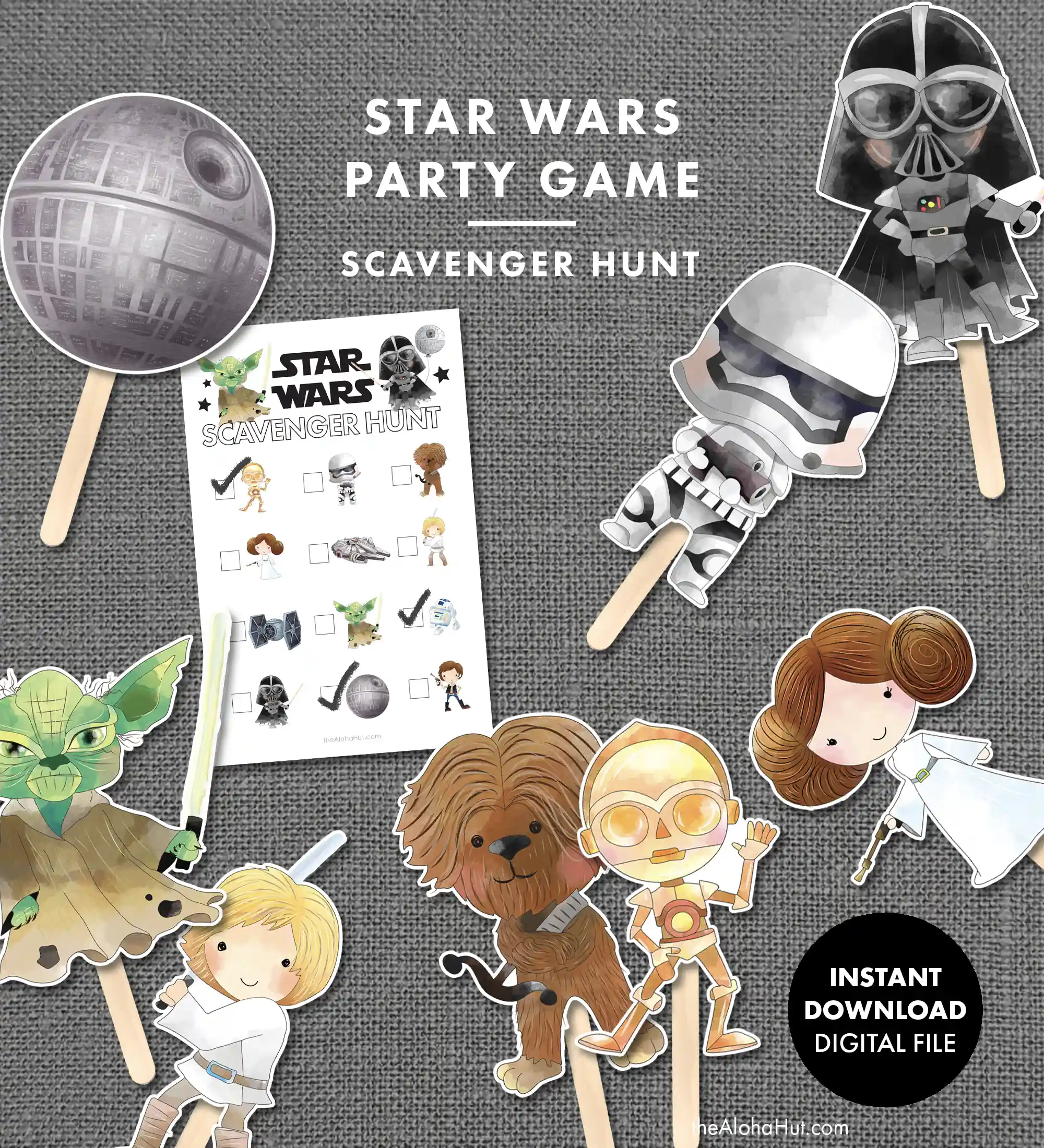 Star Wars party ideas, activities, birthday party games, decorations, and prints. Ideas and tips and tricks for throwing the best Star Wars themed kids birthday party, baby shower, or one with the force celebration. Includes Star Wars printable games, decorations (cupcake toppers, banners, gift tags, characters) and Star Wars party games (BINGO, scavenger hunt, pin the lightsaber on Yoda or Darth Vader).
