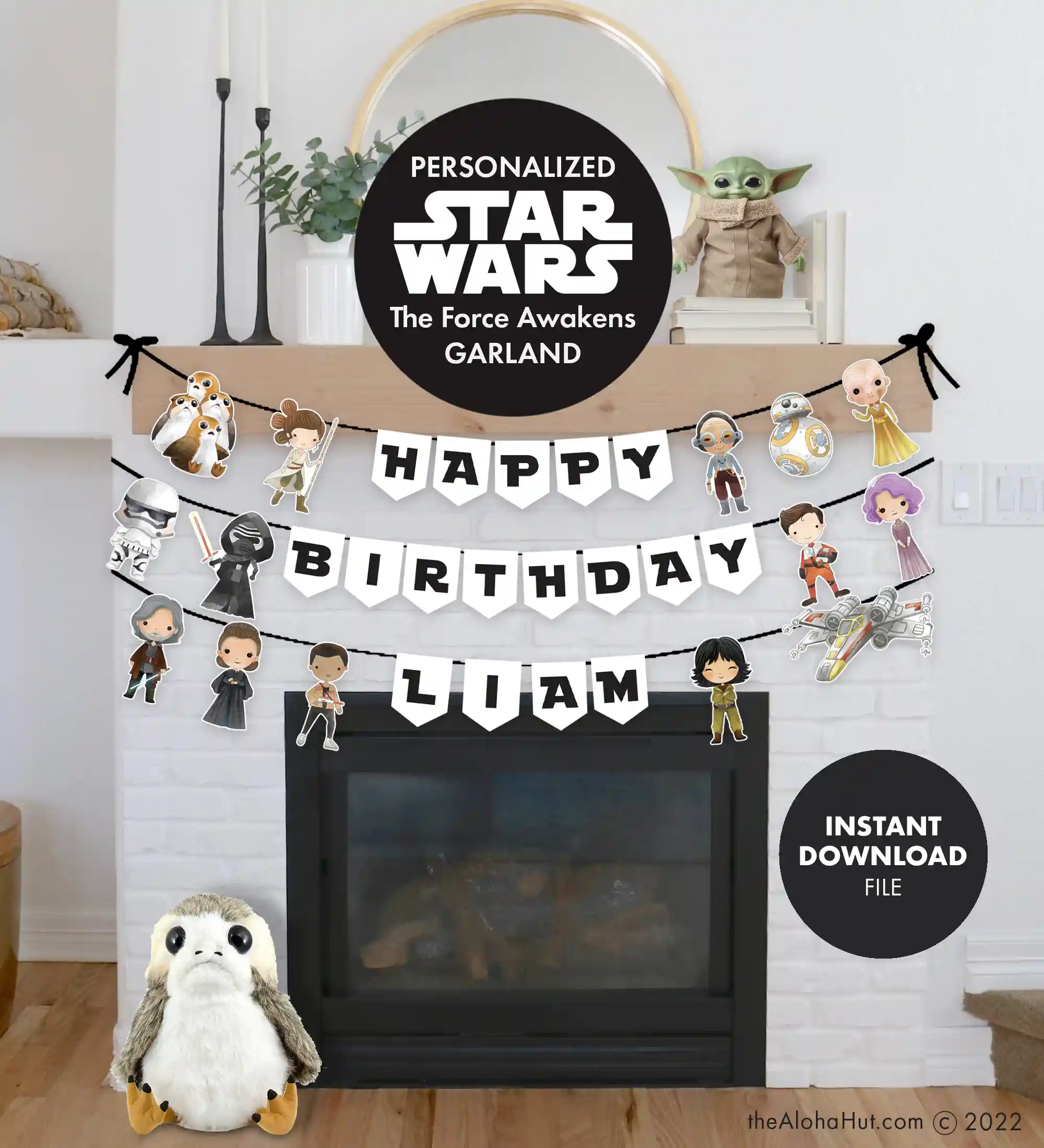 Star Wars party ideas, activities, birthday party games, decorations, and prints. Ideas and tips and tricks for throwing the best Star Wars themed kids birthday party, baby shower, or one with the force celebration. Includes Star Wars printable games, decorations (cupcake toppers, banners, gift tags, characters) and Star Wars party games (BINGO, scavenger hunt, pin the lightsaber on Yoda or Darth Vader). Personalized Star Wars Happy Birthday Banner and the Force Awakens characters.