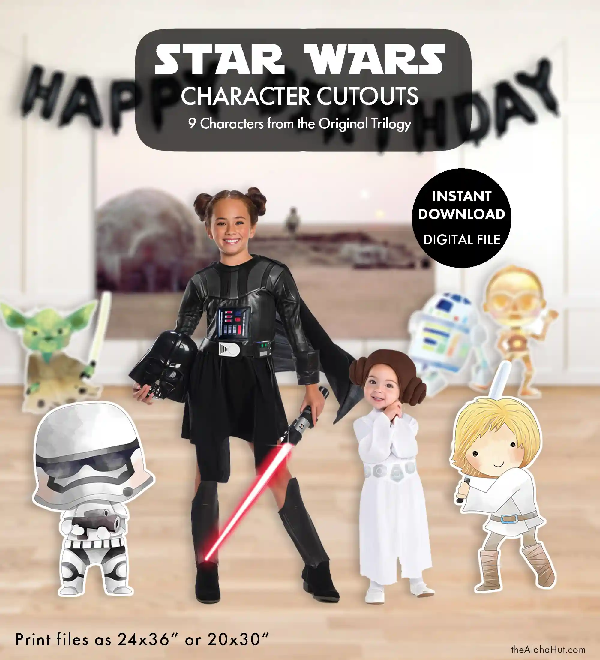 Star Wars party ideas, activities, birthday party games, decorations, and prints. Ideas and tips and tricks for throwing the best Star Wars themed kids birthday party, baby shower, or one with the force celebration. Includes Star Wars printable games, decorations (cupcake toppers, banners, gift tags, characters) and Star Wars party games (BINGO, scavenger hunt, pin the lightsaber on Yoda or Darth Vader). Character cutouts include Princess Leia, Darth Vader, Han Solo, Luke Skywalker, Chewbacca, Yoda, R2-D2, C-3PO, Storm Trooper.
