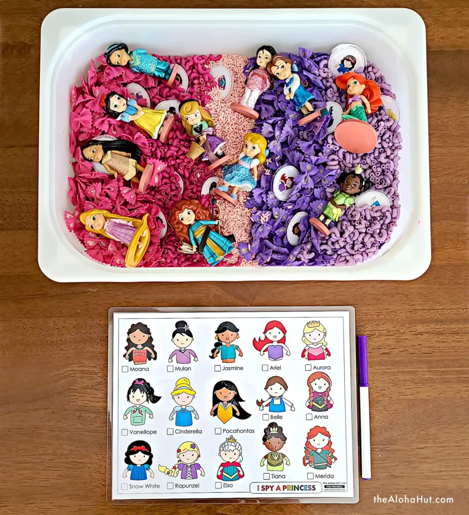 I Spy a Princess - Toddler Sensory Activity - Disney Princess Montessori - How to Make a Died Rice & Pasta Sensory Bin
