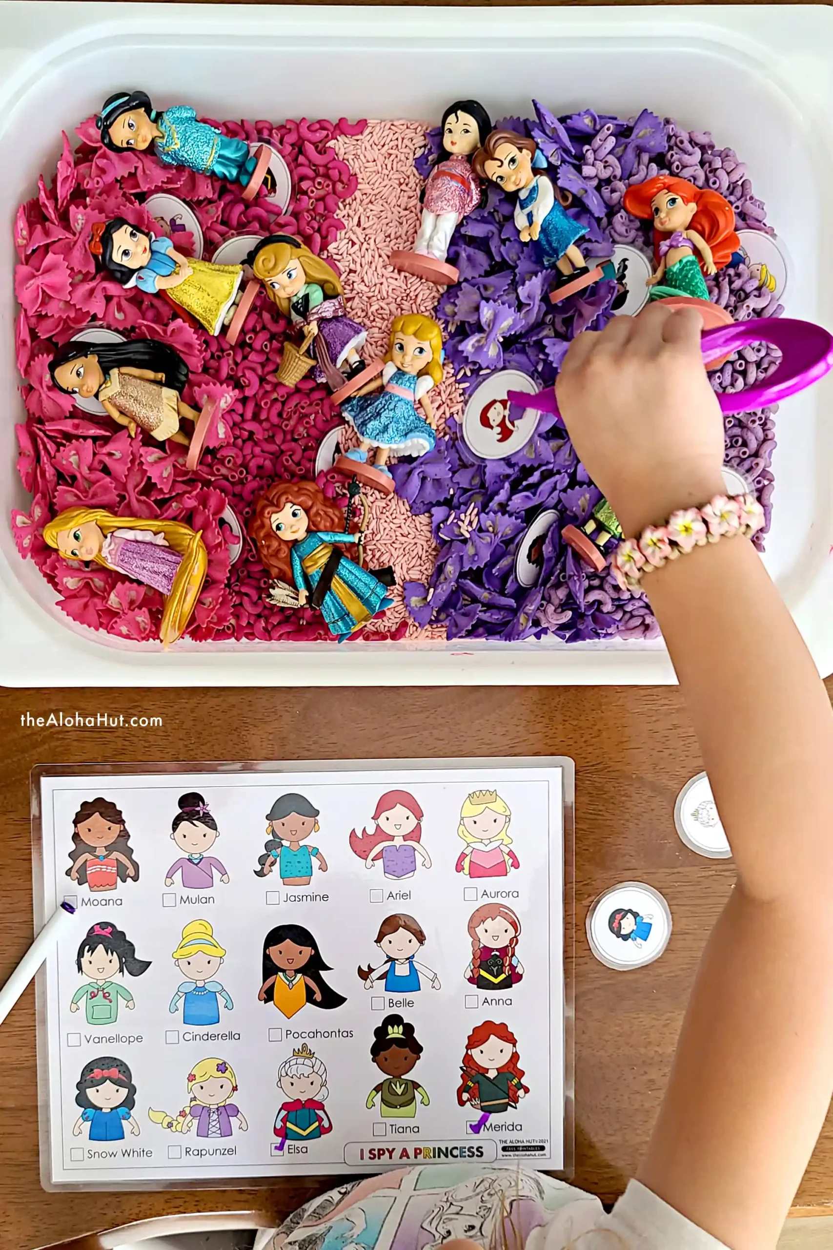 I Spy a Princess - Toddler Sensory Activity - Disney Princess Montessori - How to Make a Died Rice & Pasta Sensory Bin