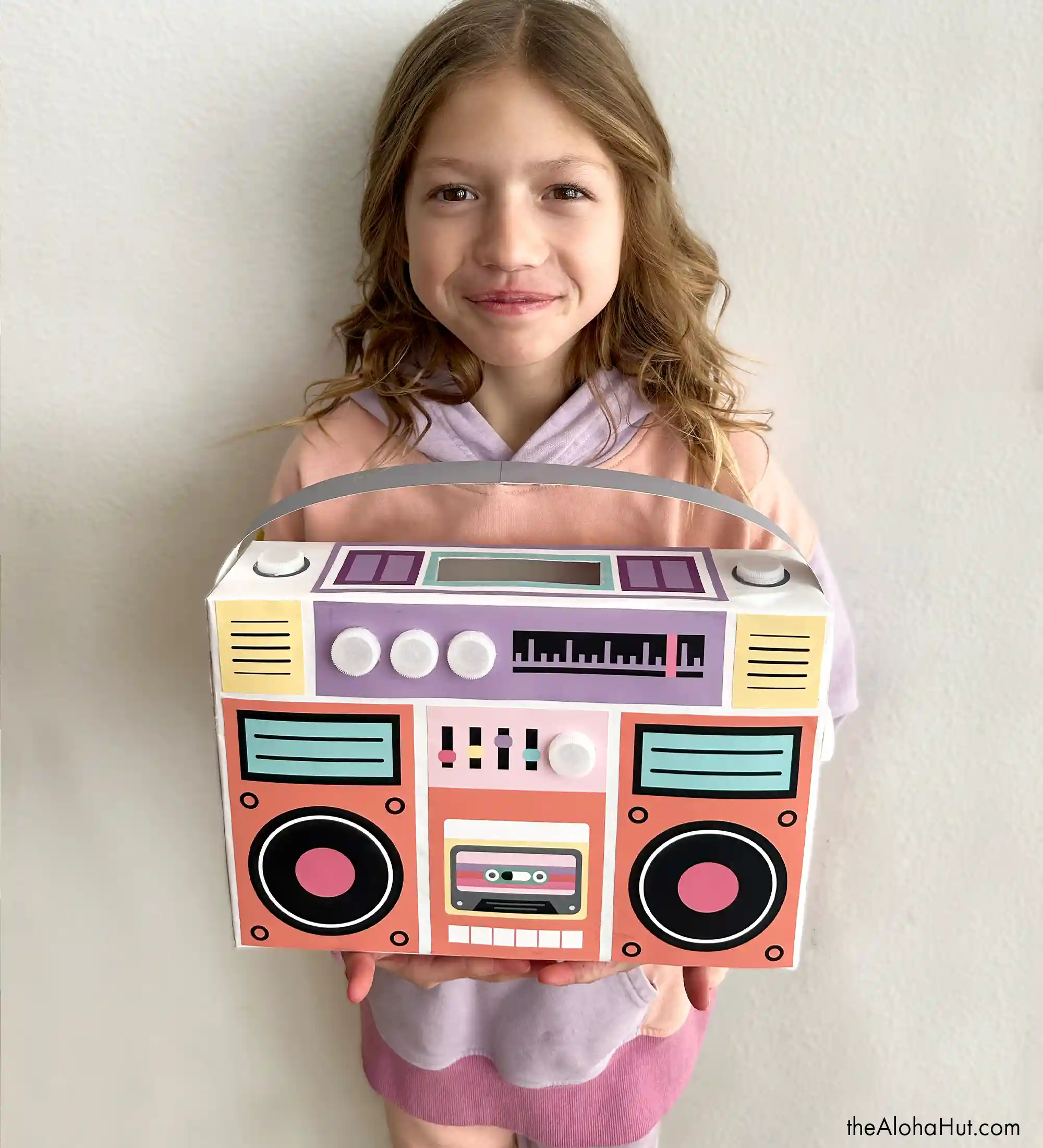 Retro stereo Valentine’s Day box styled like a boom box, creative Valentine box idea