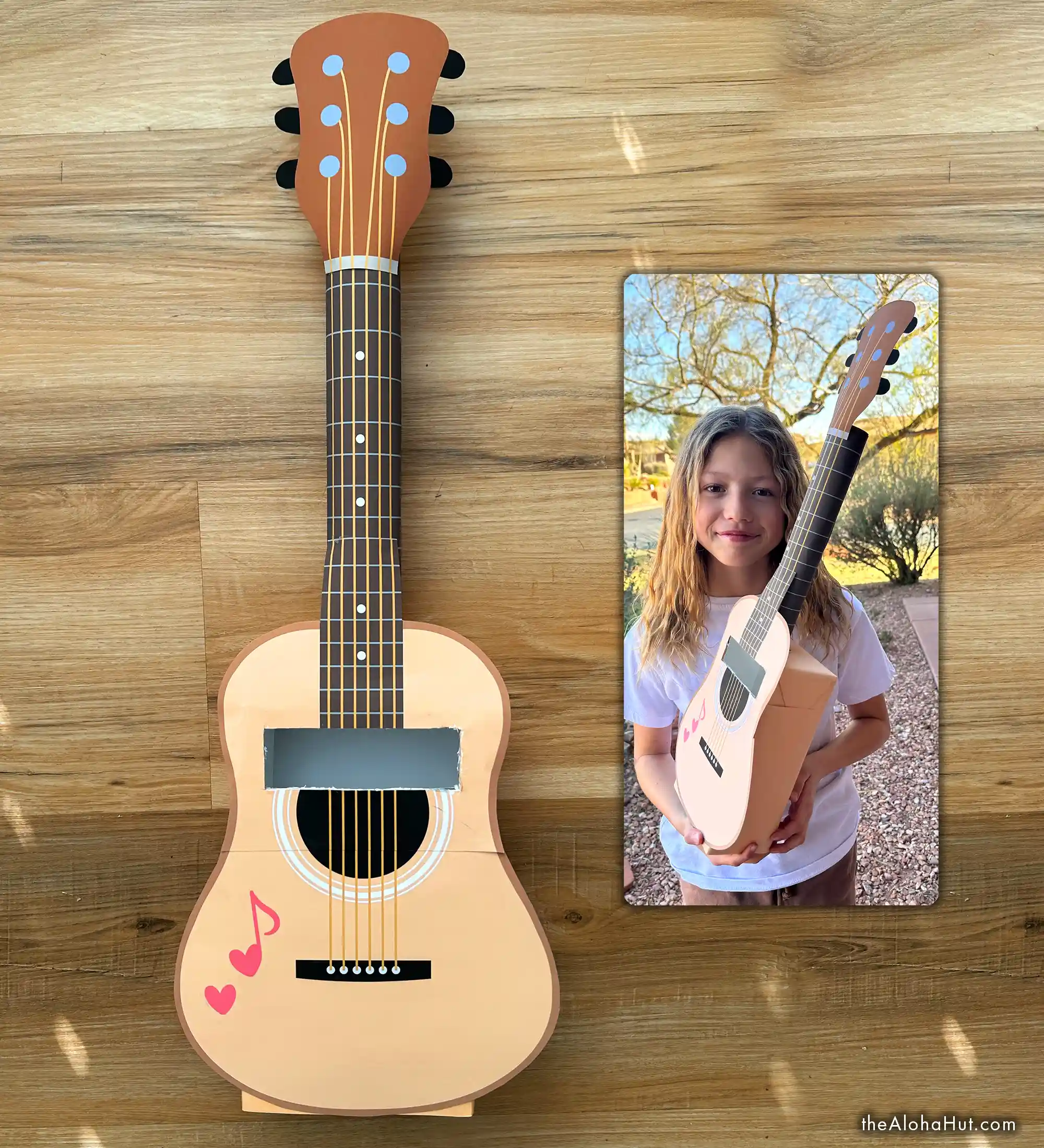 Acoustic guitar Valentine’s Day box made from a shoebox, easy Valentine box idea for kids