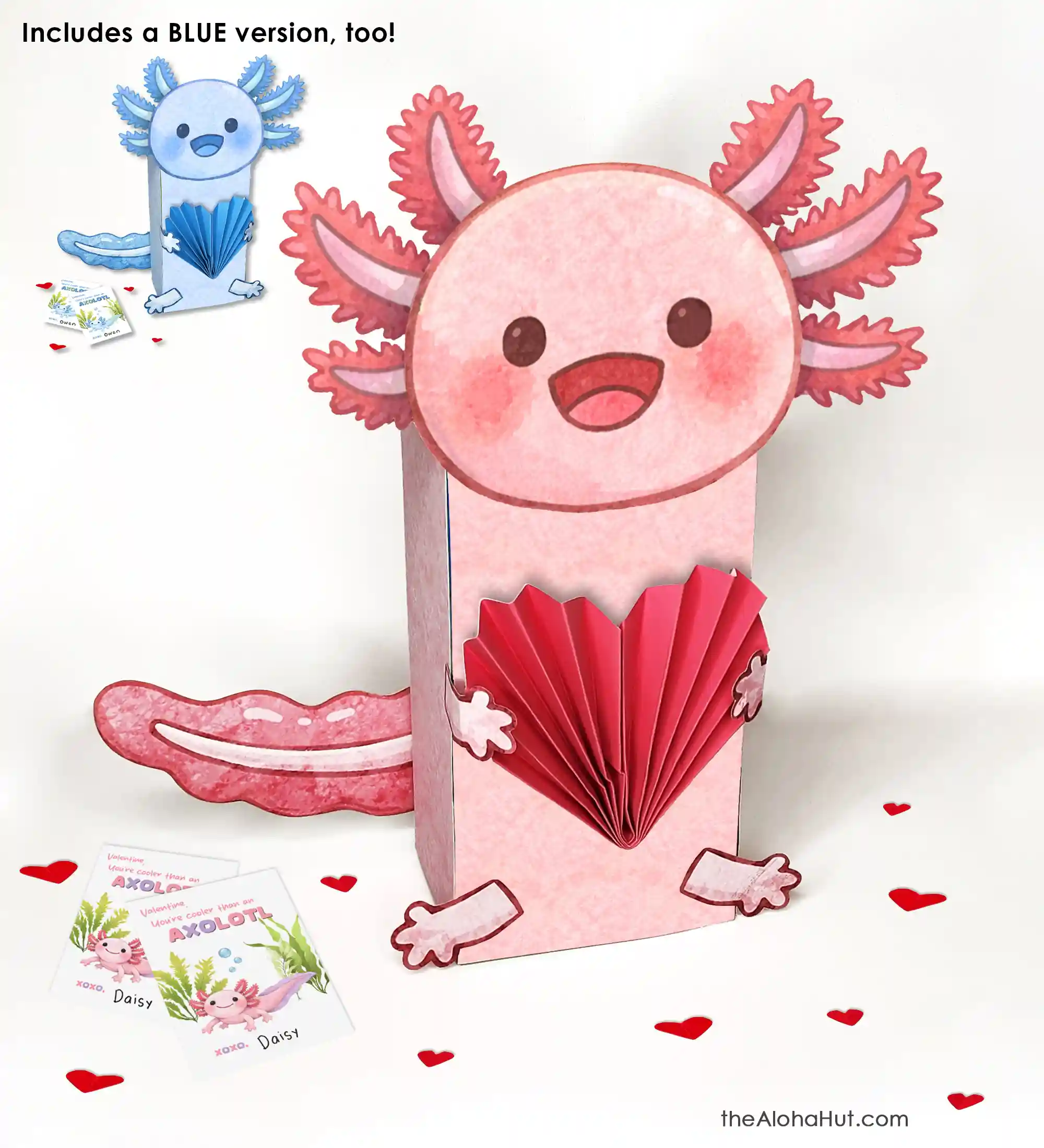 Axolotl Valentine’s Day box with cute face, fun animal Valentine box idea for kids