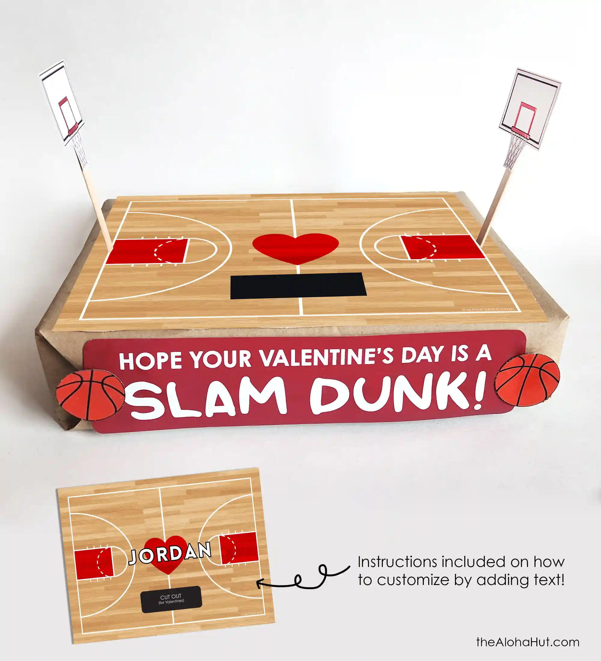 Basketball court Valentine’s Day box with court lines, easy sports Valentine box for kids