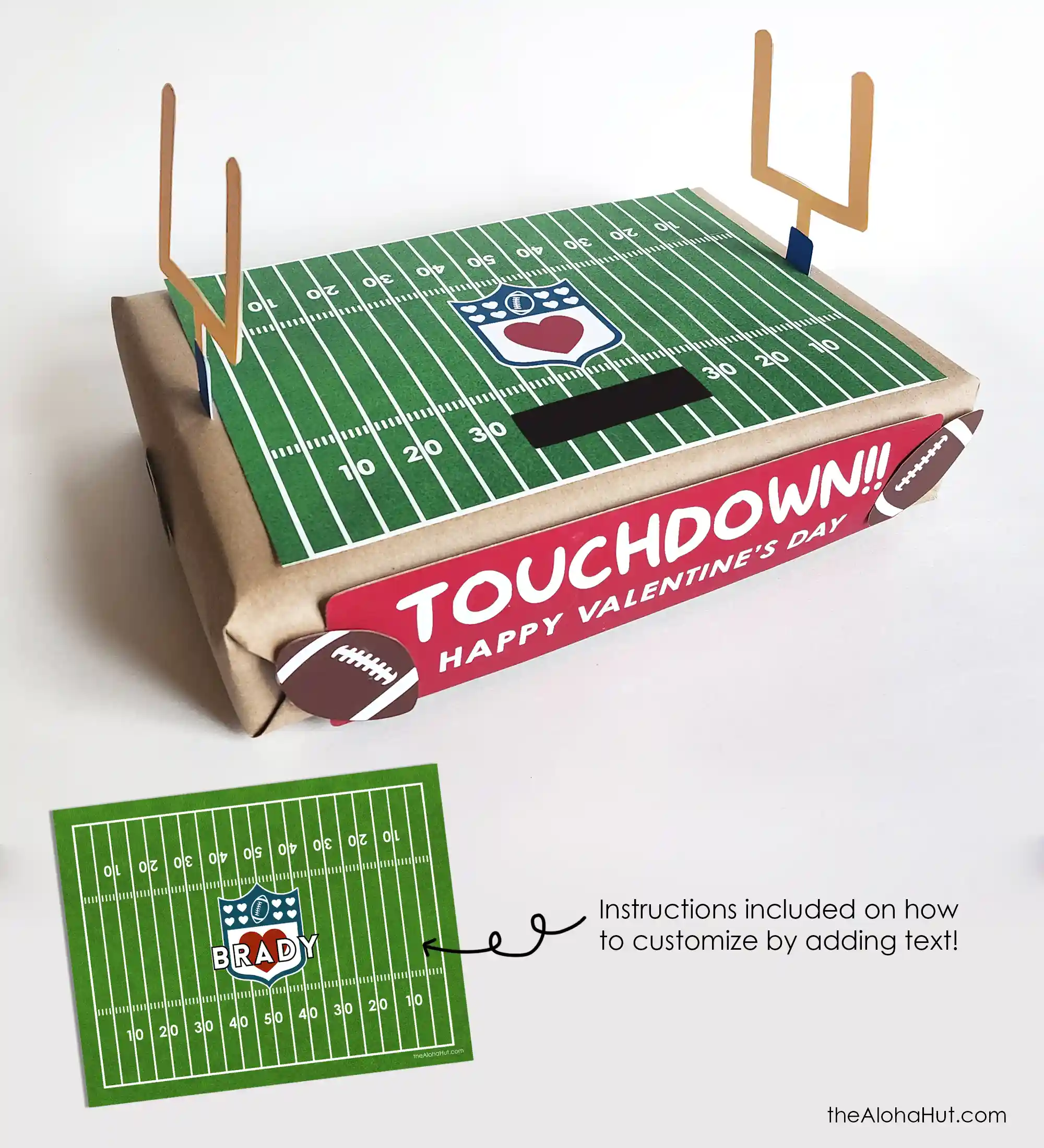 Football field Valentine’s Day box with yard lines, sports Valentine box idea for school