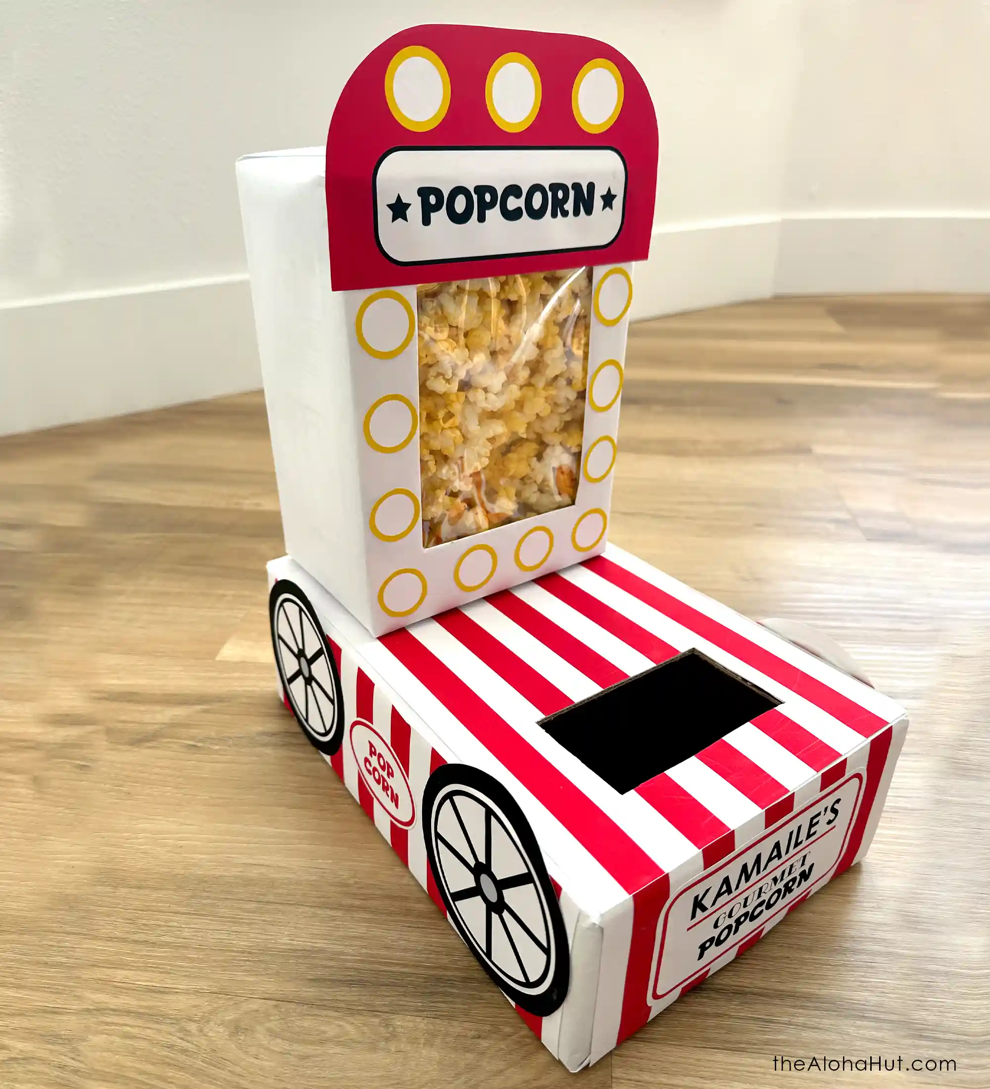 Popcorn Valentine’s Day box decorated like a popcorn container, fun Valentine box for school