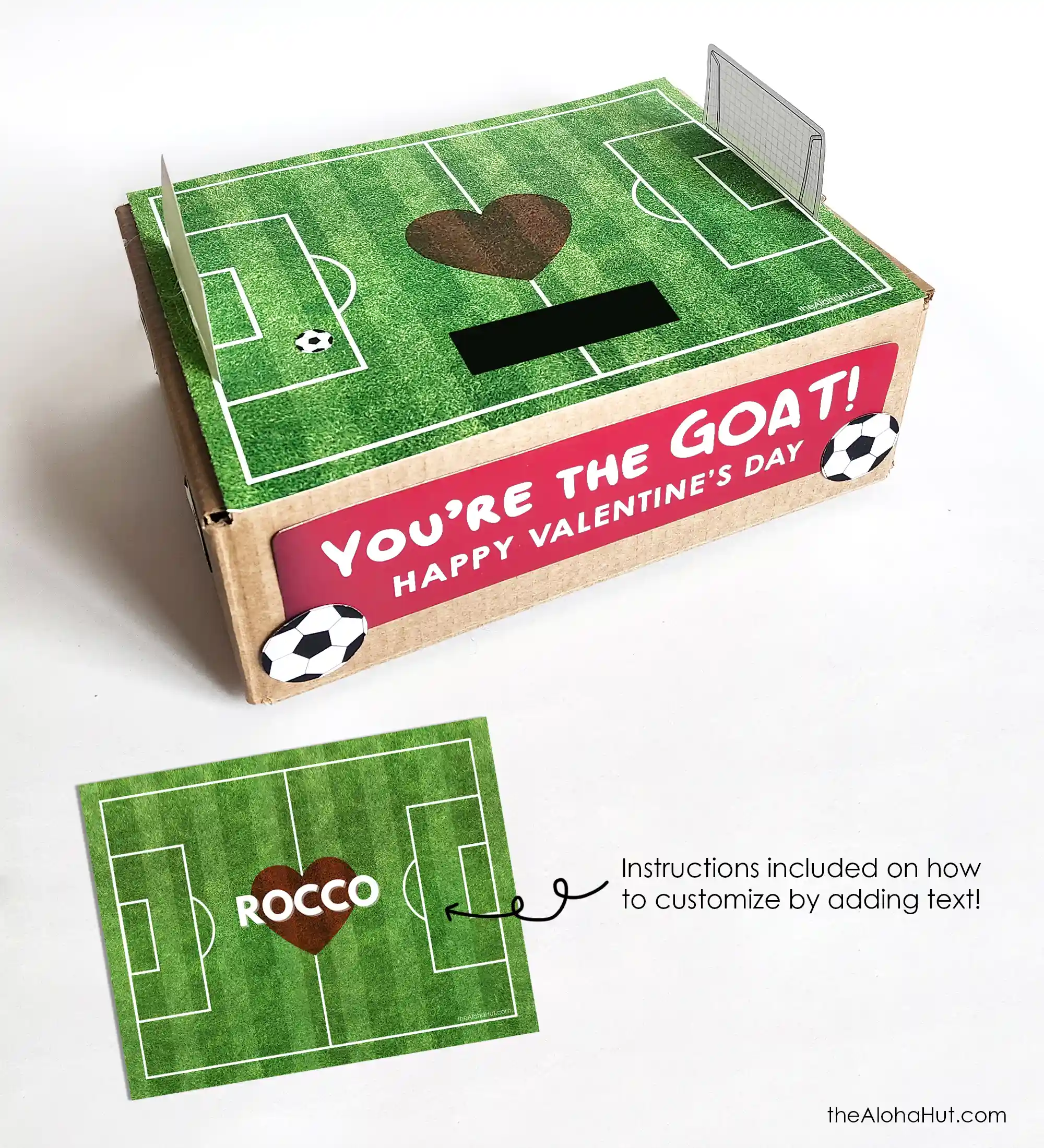 Soccer field Valentine’s Day box with green field design, Valentine box idea for classroom