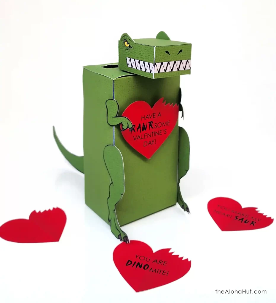 T-Rex dinosaur Valentine’s Day box with open mouth, fun dinosaur Valentine box for kids