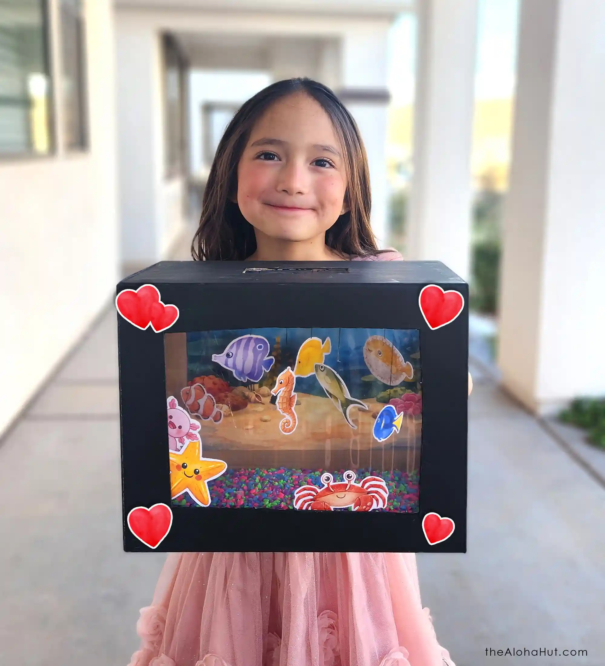 Aquarium Valentine’s Day box with fish and ocean details, creative Valentine box idea for kids