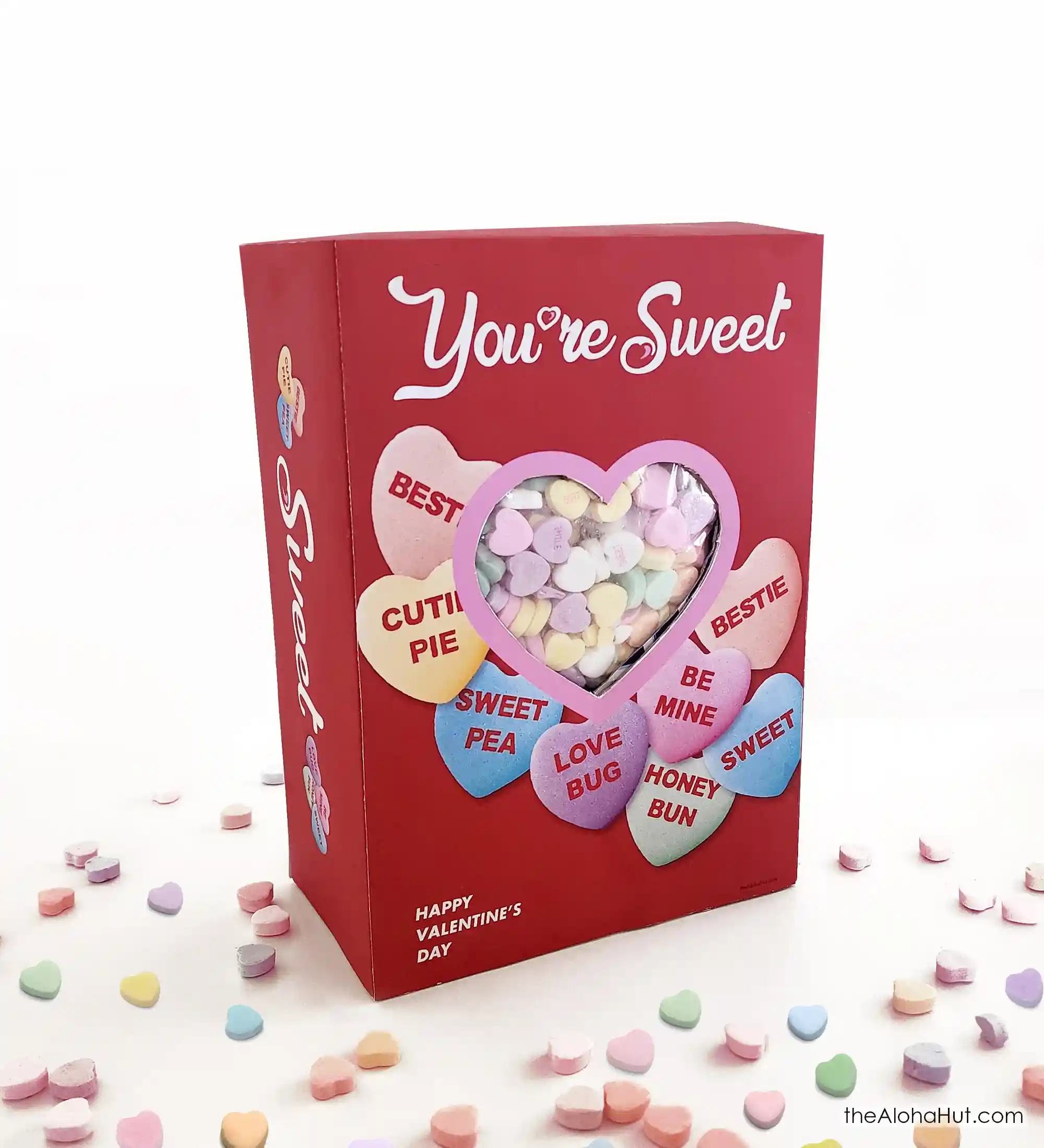 Candy hearts Valentine’s Day box with bright colors, classic Valentine box idea for kids